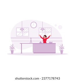 Female vlogger creates cooking content in a modern kitchen. Using a cell phone mounted on a tripod. Content Creator concept. Trend Modern vector flat illustration