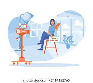 A female vlogger is recording video at home using a professional camera. Vlogger asks social media followers to Like and Subscribe. Content Creator concept. Flat vector illustration.