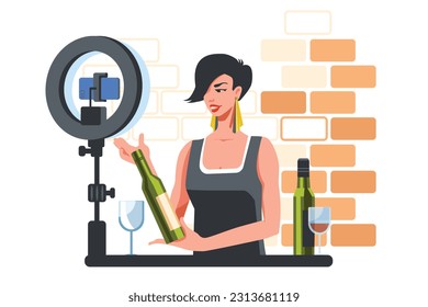 Female vlogger telling about tasting alcoholic beverages at home. Young woman showing open bottle of wine in front of smartphone camera. Vector illustration