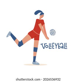 Female volley athlete character playing with ball. Volleyball player championship sport symbol illustration flat vector.