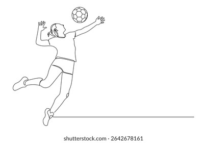 atleta do vôlei feminino no meio do salto fazendo um golpe de midair em uma bola um desenho de arte de linha contínua