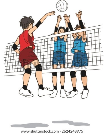 A female volleyball player attacking the ball and two players trying to block it, vector illustration isolated on white background