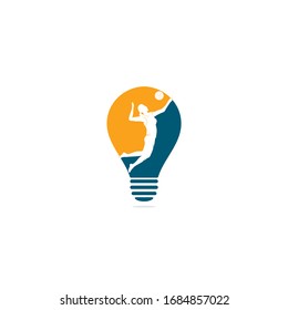 Female volleyball player bulb shape concept logo.Abstract volleyball player jumping from a splash. Volleyball player serving ball.	