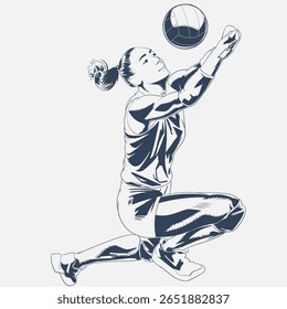 Female volleyball player digging ball in action pose, vector sports illustration isolated on white background
