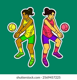 Female Volleyball Player Doodle Sticker Illustration