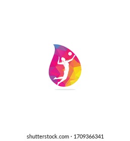 Female volleyball player drop shape concept logo.Abstract volleyball player jumping from a splash. Volleyball player serving ball.	