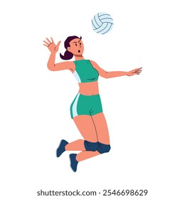 A female volleyball player hits, hits the ball with her fists, serves with her hands. Sportsman in a green training uniform plays a sports game. Athlete in action, movement. Flat vector illustration