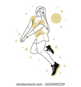 A female volleyball player hits a ball in a jump. An athlete in dynamic movement. Sports and leisure. Doodle-style vector illustration