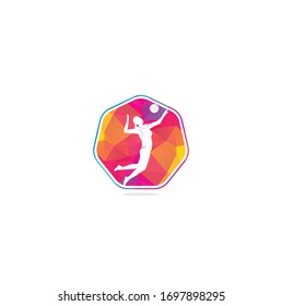 Female volleyball player logo.Abstract volleyball player jumping from a splash. Volleyball player serving ball.	
