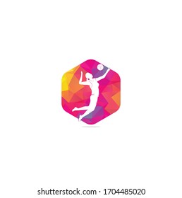 Female volleyball player logo.Abstract volleyball player jumping from a splash. Volleyball player serving ball.	