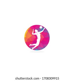 Female volleyball player logo.Abstract volleyball player jumping from a splash. Volleyball player serving ball.