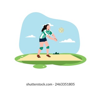 A female volleyball player low passing the ball with both hands. sport and recreation concept. Healthy lifestyle illustration in flatstyle design