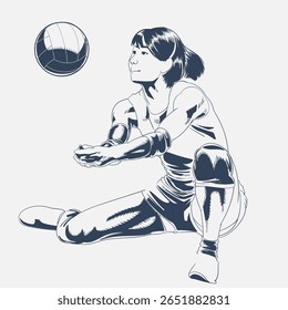 Jogadora de vôlei feminina em posição de escavação baixa sentada - arte de esportes vetoriais de atleta mulher isolada em fundo branco