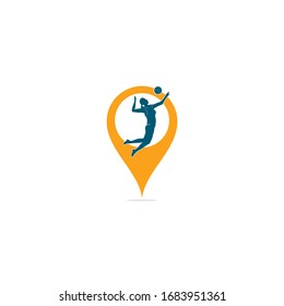 female volleyball player map pin shape concept logo.Abstract volleyball player jumping from a splash. Volleyball player serving ball.	
