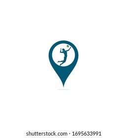 female volleyball player map pin shape concept logo.Abstract volleyball player jumping from a splash. Volleyball player serving ball.	