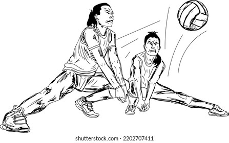 Female volleyball player outline vector illustration, sketch drawing of a woman volleyball player returning a ball with a big, Girl volleyball match cartoon doodle drawing