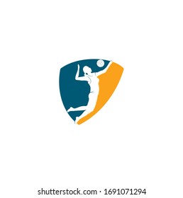 Female volleyball player shield shape concept logo.Abstract volleyball player jumping from a splash. Volleyball player serving ball.	
