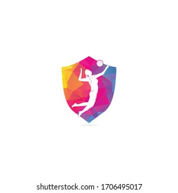 Female volleyball player shield shape concept logo.Abstract volleyball player jumping from a splash. Volleyball player serving ball.	
