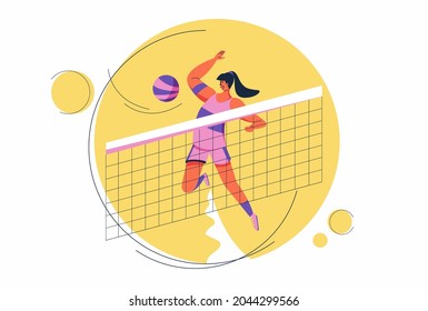 A female volleyball player slams the ball over the net to determine the set score. at the World Volleyball Championship. Cartoon flat vector illustration