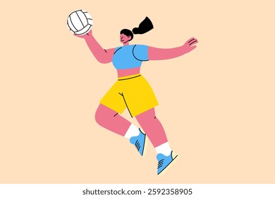 Female volleyball player in sportswear jumping with a ball. Dynamic flat vector illustration for beach sports, team games, fitness, and active lifestyle designs, digital projects, and advertisements.