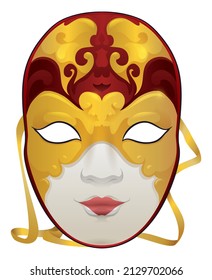 Female Volto mask decorated with golden and red design and yellow rope, to celebrate an elegant Venetian Carnival night.