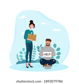 Female volunteer brought food to homeless man on street. Concept of volunteering, charity, supporting people. Flat cartoon vector Illustration