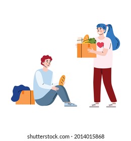 Female volunteer with cardboard box full of products donate food to homeless poor man. Volunteering, charity and support for poor and hungry. Vector illustration isolated on white.