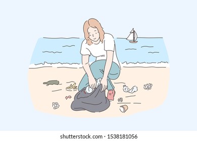 Female volunteer cleaning beach, save planet and nature protection concept. Young woman collecting plastic disposable bottles, picking waste and rubbish at seashore. Simple flat vector