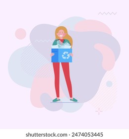 Female volunteer collecting garbage. Girl holding box with plastic trash flat vector illustration. Waste sorting, rubbish, ecology concept for banner, website design or landing page