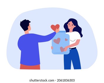 Female volunteer collecting hearts in jar. Man donating, giving help and support flat vector illustration. Charity, solidarity, awareness concept for banner, website design or landing web page