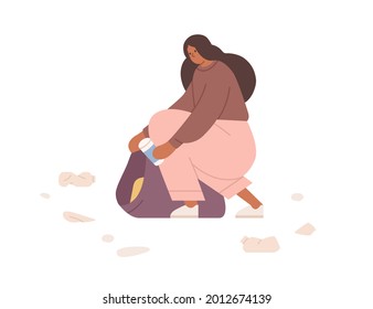 Female volunteer collecting litter into trash bag. Activist picking up garbage. Eco voluntary activity of cleaning environment. Colored flat vector illustration isolated on white background