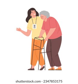 Female volunteer helping elderly woman to walk with rollator, flat vector illustration isolated on white background. Senior old lady using walker. Social work concept.