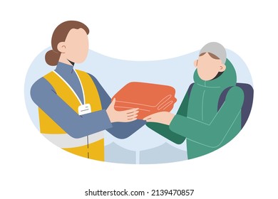 Voluntarias mujeres ayudando a refugiados, distribuyendo mantas y ropa de abrigo, trabajando en instalaciones para refugiados, mujeres jóvenes haciendo trabajo de caridad, voluntariando, usando chaleco amarillo, insignia, ilustración vectorial