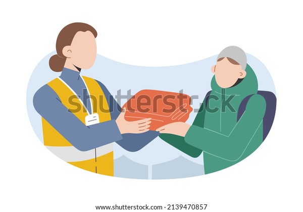 Female volunteer helping refugees,\
distributing warm blankets and clothes, working in refugees\
facility, young woman doing charity work, volunteering, wearing\
yellow vest, badge, vector\
illustration