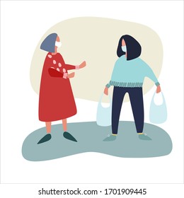 Female volunteer helps elderly woman with shopping. Social work during quarantine concept. Covid-19 awareness concept. Assistance to vulnerable category concept. Vector illustration in flat style