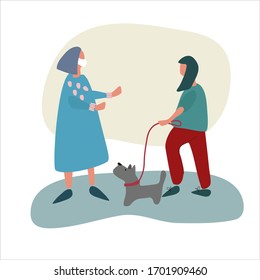 Female volunteer helps old woman with dog walking. Social work during quarantine concept. Covid-19 awareness concept. Assistance to vulnerable category concept. Vector illustration in flat style
