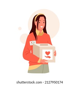 Female volunteer holding donation box with heart and hand vector illustration. Cartoon young girl giving help, care and assistance for poor people, charity campaign and voluntary isolated on white