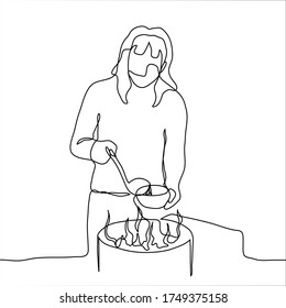 female volunteer pours soup from a soup ladle into a plate for the homeless and starving. One continuous line drawing of a woman pouring hot soup on plates. Can be used for animation