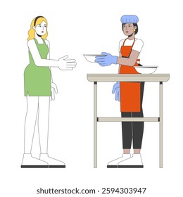 Female volunteer serving food at charity event 2D cartoon characters. Community service, soup kitchen. Feeding, helping others flat vector people isolated on white. Spot illustration colorful