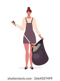 Female volunteer using a trash picker to collect garbage it into trash bag. Commit to protecting nature and creating a cleaner world. Vector Not AI generated