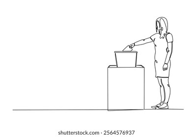 Female voter placing ballot in the ballot box polling place in continuous one line drawing design. Democracy and election day concept. Editable vector.  