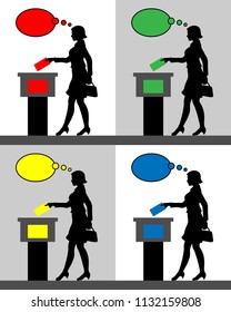 female voter silhouettes with different colored thought bubble by voting for election. All the silhouette objects and backgrounds are in different layers. 
