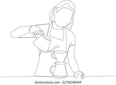 A female waiter makes coffee for customers. Coffee shop activity one line drawing