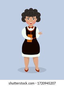 A female waiter in a red, black, and white uniform with a towel on her arm. Character of an employee of a restaurant, cafe, bar and other places of General catering. Flat design. Vector illustration.
