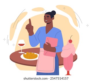 Female waitress concept. Woman near glass of wine and cakes. Waiter in cafe or restaurant. Catering service occupation. Flat vector illustration isolated on white background