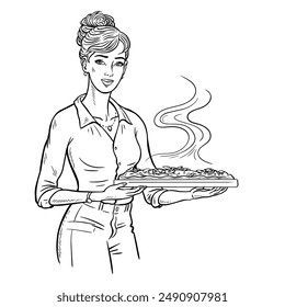 Female waitress holding an appetizing hot pizza in her hands. Beautiful girl. Pizzeria, cafe and restaurant. Food and snacks. Vector art illustration. Black and white sketch. Hand drawn style outline