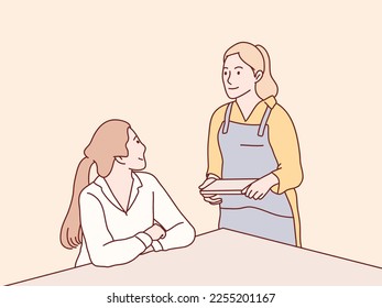 Female waitress taking order to customer in the cafe simple korean style illustration