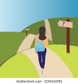 Female walking in the countryside and comes to a crossroads where she needs to make a decision