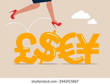 Female walking on pound, Japanese yen, Euro and US Dollar money currency symbol. Foreign Exchange trading between currency around the word or investment fund flow. Flat vector illustration