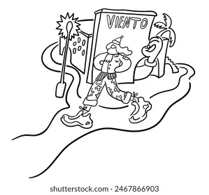 female walking in town in doodle in vector. line illustration for banner website app sticker poster